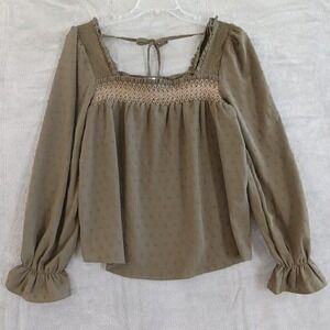 Mine Lg Square Neck Olive Green Boho Top Long Sleeves‎ Swiss Dot Coastal Cowgirl